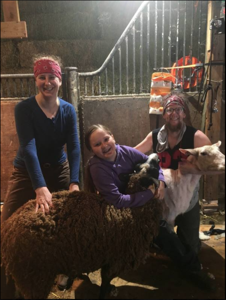 A white woman, child and man hug two sheep in front of all of them